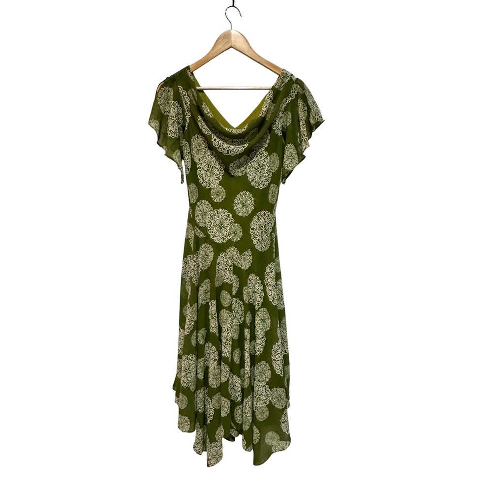 Robbie Bee Vintage Green Medallion Cowl Neck Handkerchief Dress Size 6 Fairycore